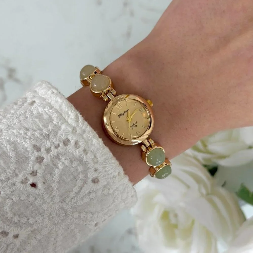 Sku0503 Gold Green Gemstones Women Casual Watch Bracelet Stainless steel